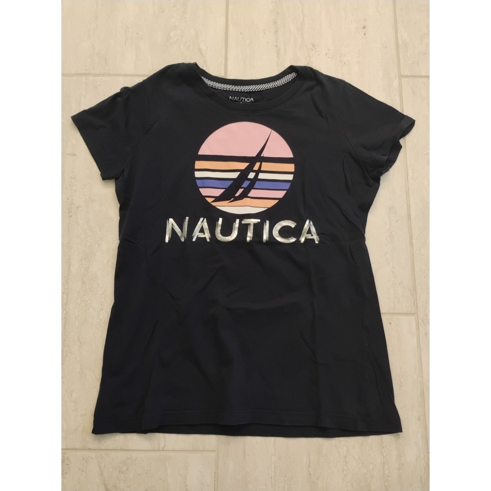 Nautica Womens T Shirt Small Navy Blue Sailboat Sunset Silver Logo Short Sleeve